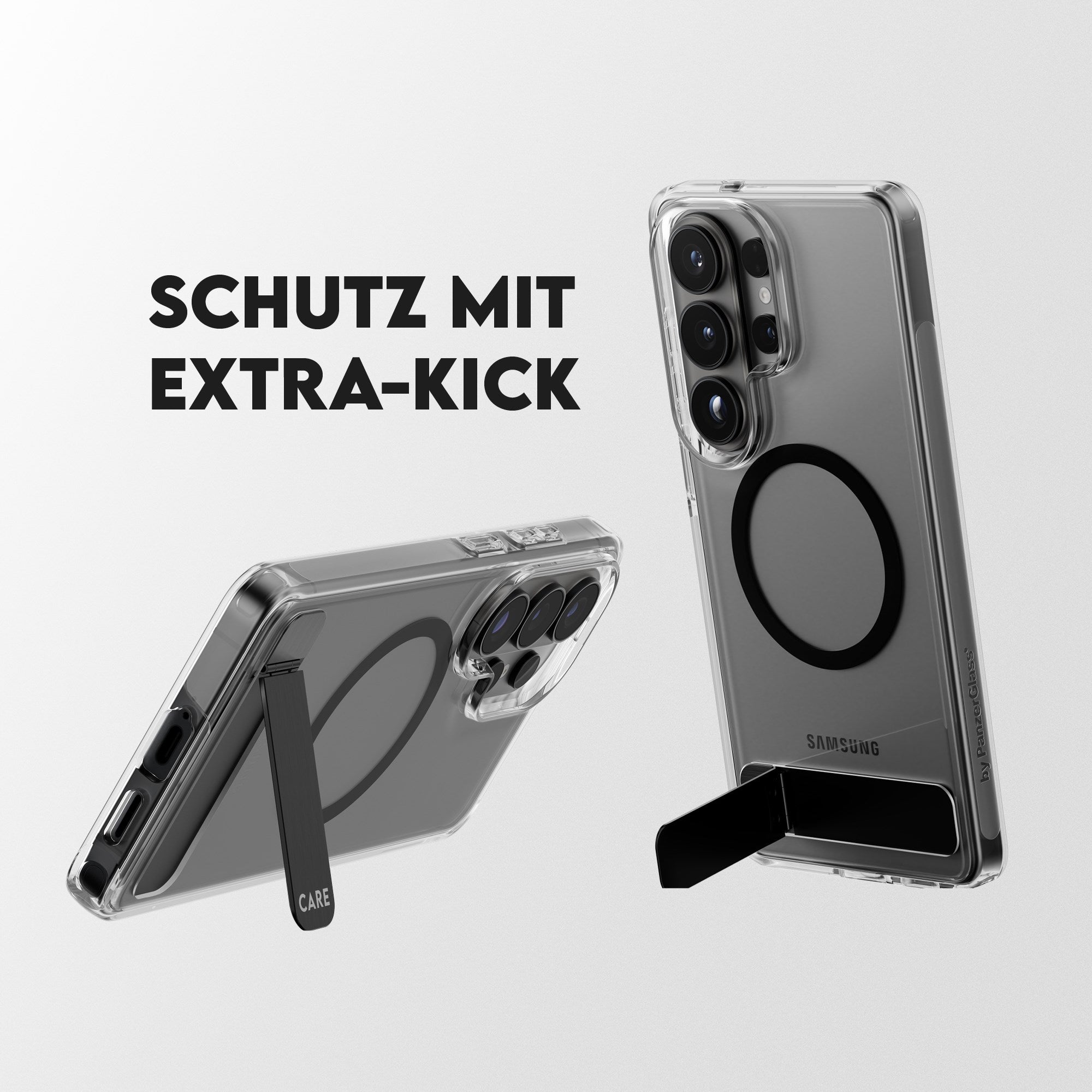 CARE™ by PanzerGlass® Urban Explorer Case Transparent m. Schwarz Kickstand & Qi Samsung Galaxy S26 Ultra